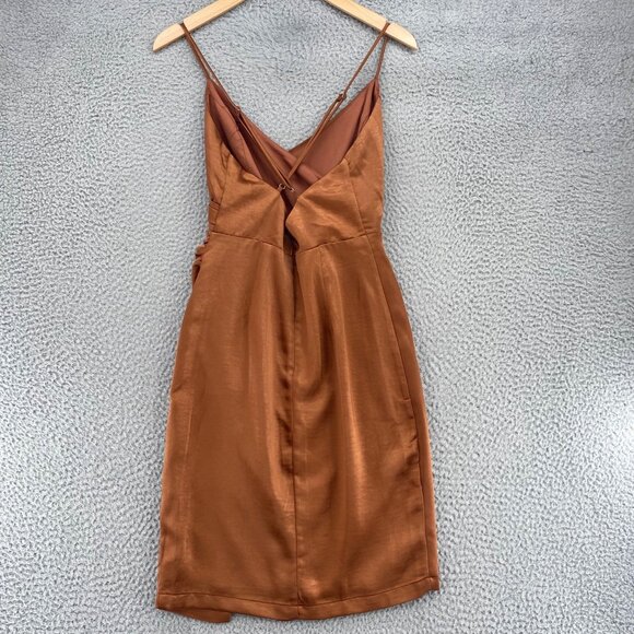 Lulus Dress Women Extra Small Hot Night Out Bronze Satin Surplice Faux Wrap Mini - Picture 2 of 11